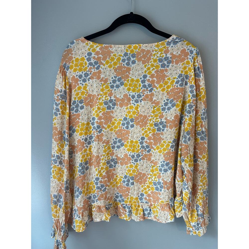 Lucky Brand Yellow/Orange Floral Daisy Print LS V Neck Ruffle Peasant Top Large - Picture 5 of 9